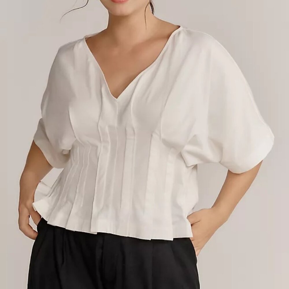 White Pleated V-Neck Top, Large, Anthropologie
